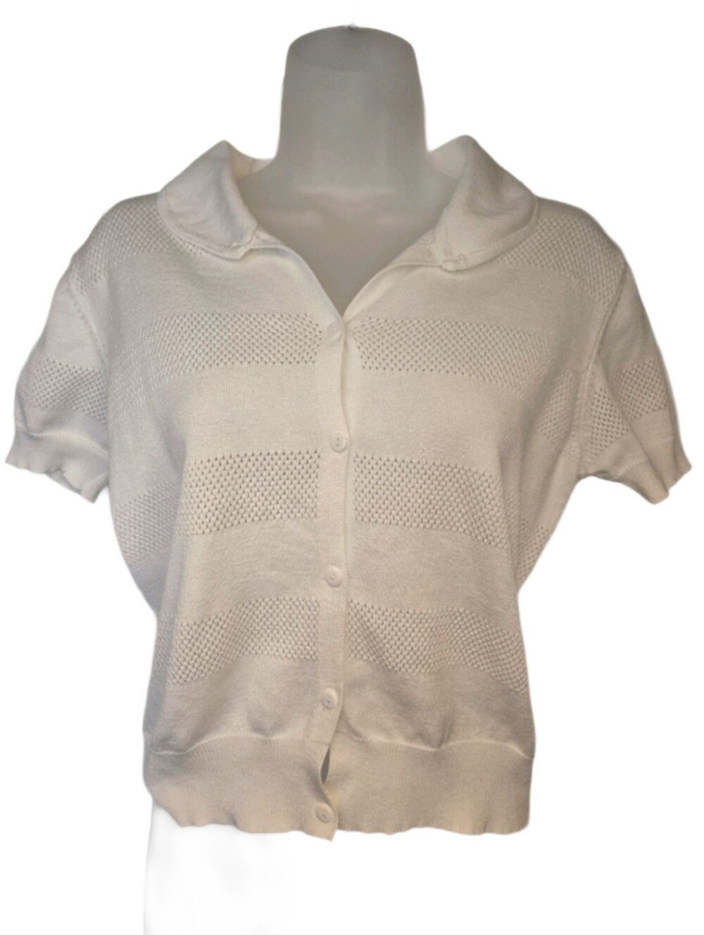 Cream Short-Sleeve Knit Cardigan Sweater